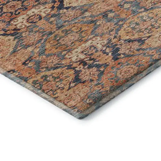 8' Terra Cotta And Blue Damask Washable Round Rug With UV Protection Photo 6