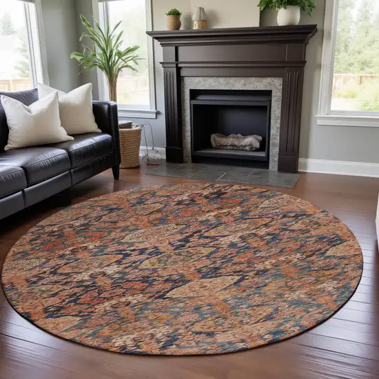 8' Terra Cotta And Blue Damask Washable Round Rug With UV Protection Photo 4