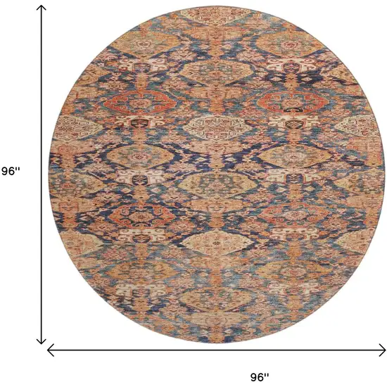 8' Terra Cotta And Blue Damask Washable Round Rug With UV Protection Photo 9