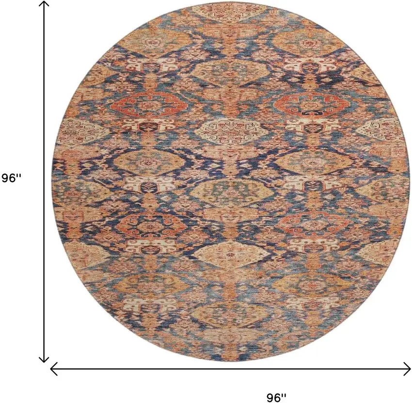 8' Terra Cotta And Blue Damask Washable Round Rug With UV Protection Photo 9