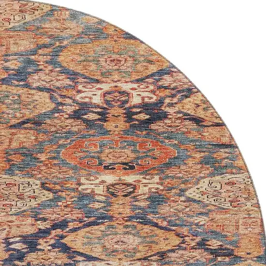 8' Terra Cotta And Blue Damask Washable Round Rug With UV Protection Photo 3
