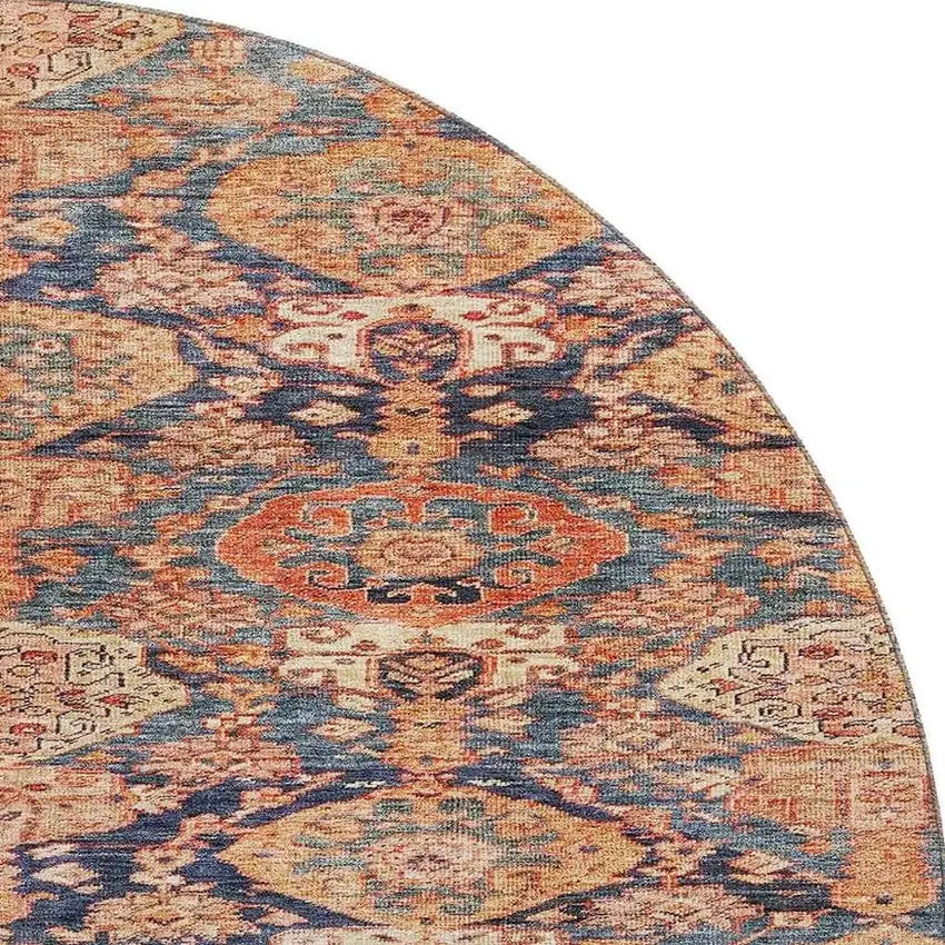 8' Terra Cotta And Blue Damask Washable Round Rug With UV Protection Photo 3