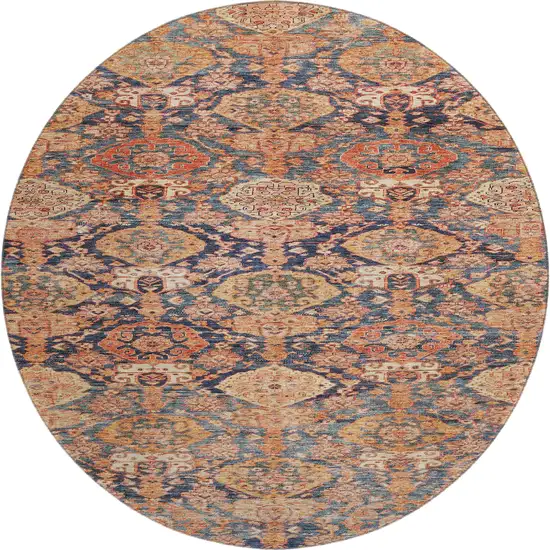 8' Terra Cotta And Blue Damask Washable Round Rug With UV Protection Photo 1