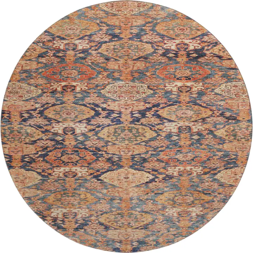 8' Terra Cotta And Blue Damask Washable Round Rug With UV Protection Photo 1