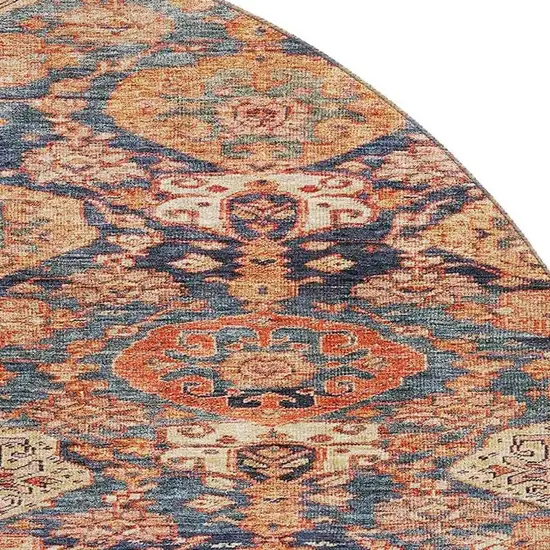 8' Terra Cotta And Blue Damask Washable Round Rug With UV Protection Photo 3