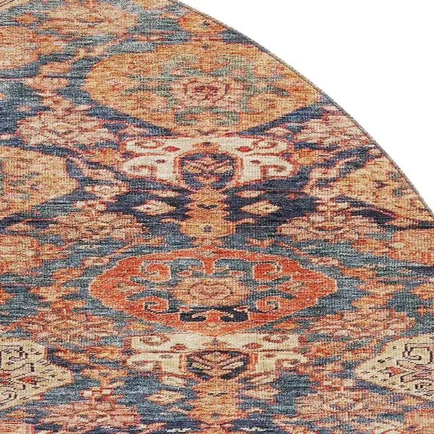 8' Terra Cotta And Blue Damask Washable Round Rug With UV Protection Photo 3