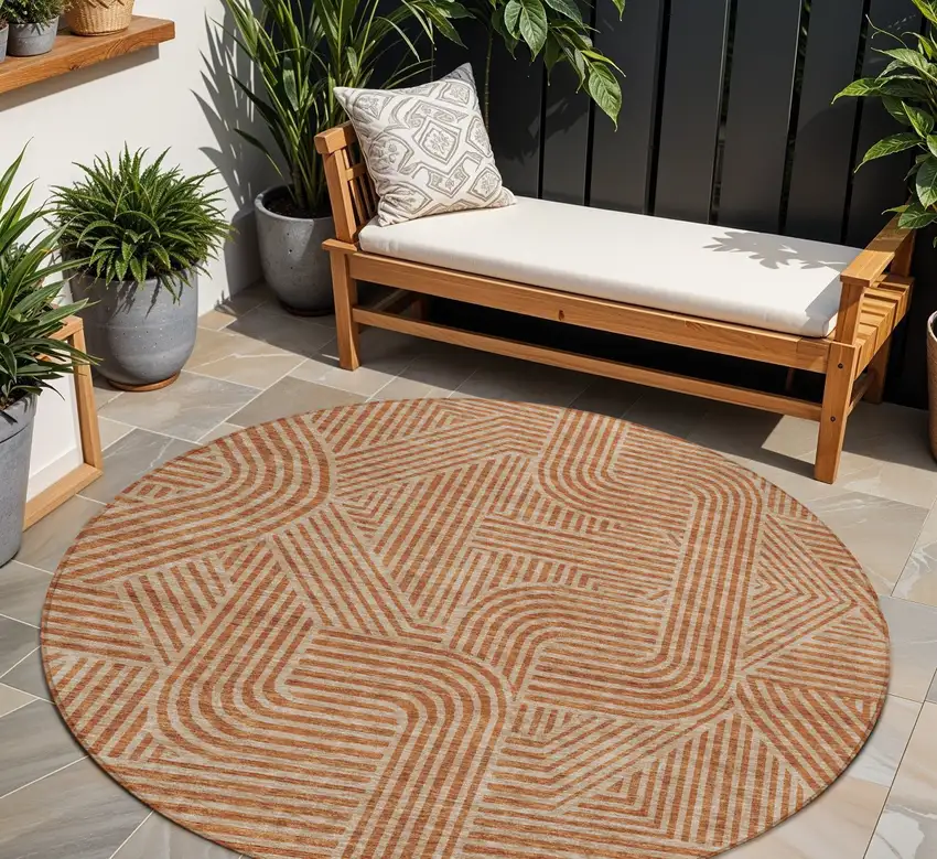 8' Terra Cotta And Brown Round Abstract Washable Indoor Outdoor Area Rug Photo 1