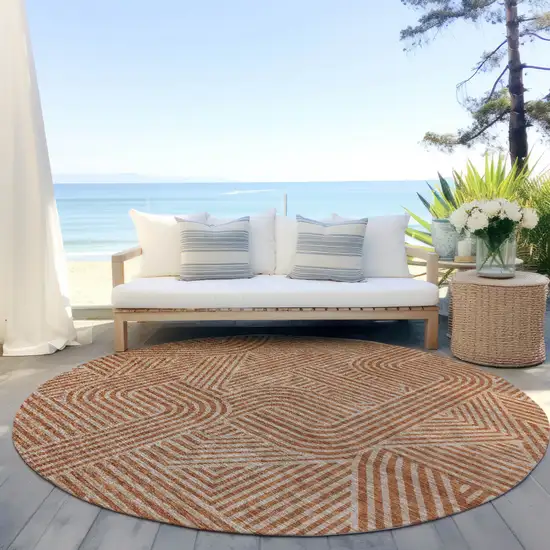 8' Terra Cotta And Brown Round Abstract Washable Indoor Outdoor Area Rug Photo 7