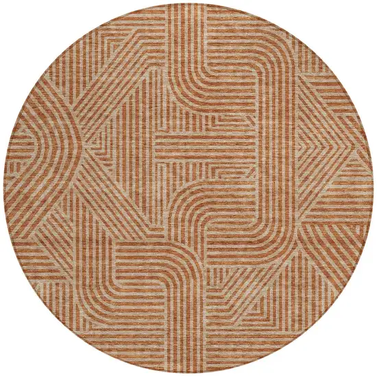 8' Terra Cotta And Brown Round Abstract Washable Indoor Outdoor Area Rug Photo 6