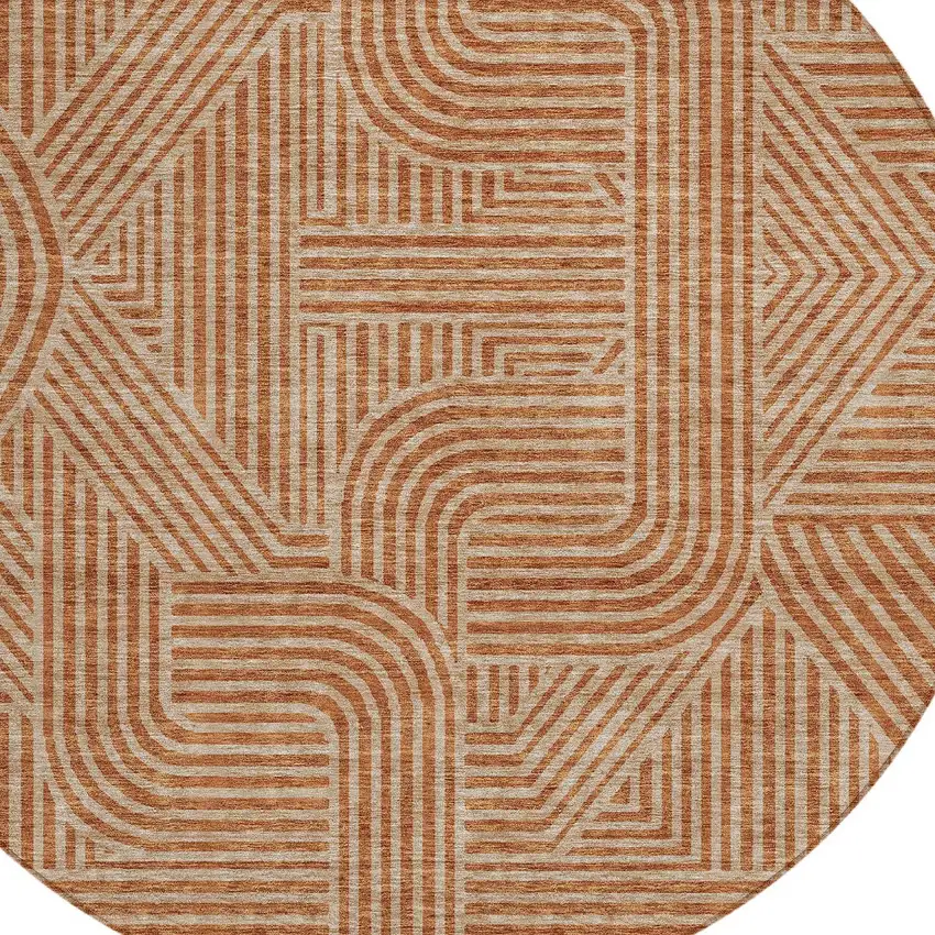 8' Terra Cotta And Brown Round Abstract Washable Indoor Outdoor Area Rug Photo 5
