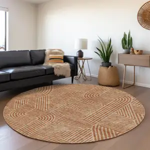 Photo of 8' Terra Cotta And Brown Round Abstract Washable Indoor Outdoor Area Rug