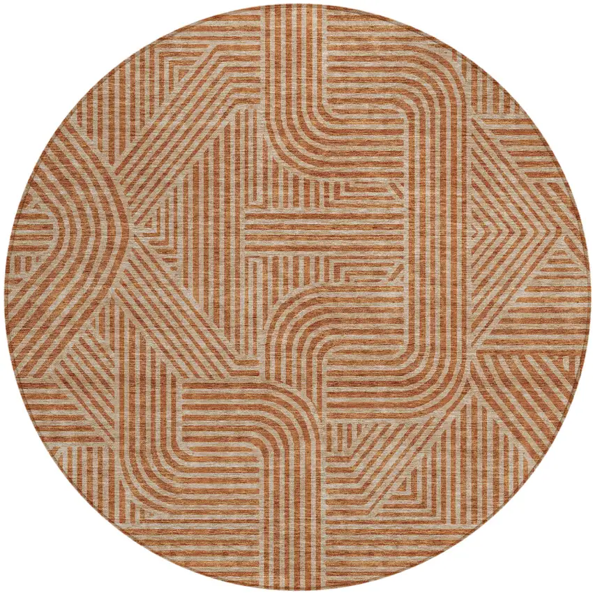 8' Terra Cotta And Brown Round Abstract Washable Indoor Outdoor Area Rug Photo 2