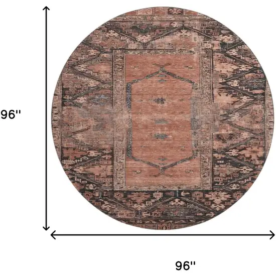 8' Terra Cotta And Charcoal Oriental Washable Round Rug With UV Protection Photo 9