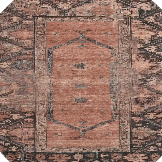 8' Terra Cotta And Charcoal Oriental Washable Round Rug With UV Protection Photo 2