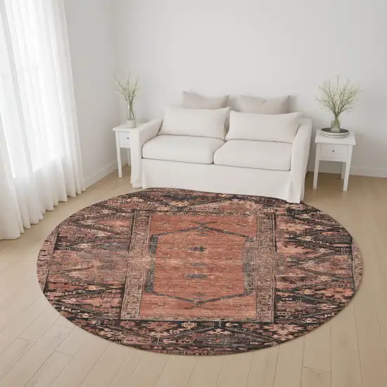 8' Terra Cotta And Charcoal Oriental Washable Round Rug With UV Protection Photo 4