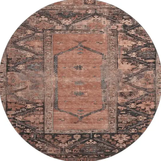 8' Terra Cotta And Charcoal Oriental Washable Round Rug With UV Protection Photo 3