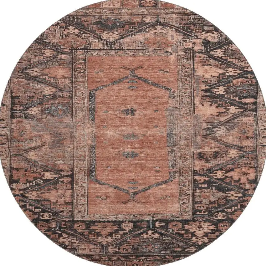 8' Terra Cotta And Charcoal Oriental Washable Round Rug With UV Protection Photo 3