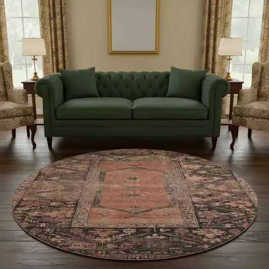 8' Terra Cotta And Charcoal Oriental Washable Round Rug With UV Protection Photo 2