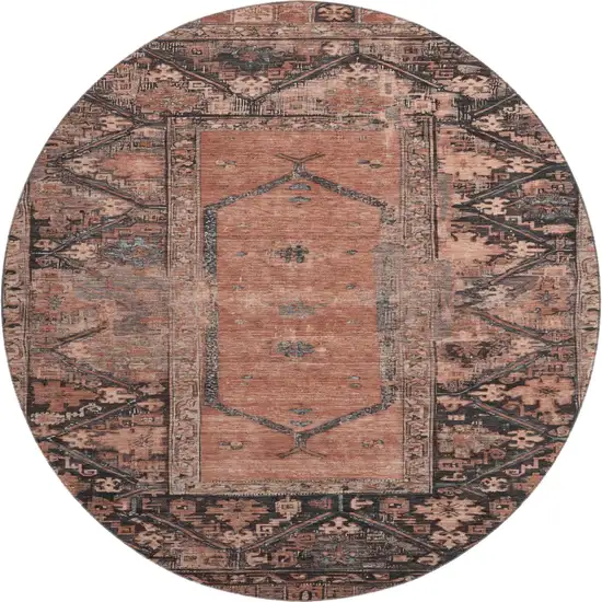 8' Terra Cotta And Charcoal Oriental Washable Round Rug With UV Protection Photo 1