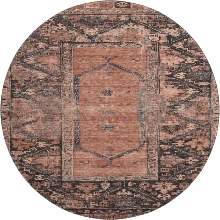 8' Terra Cotta And Charcoal Oriental Washable Round Rug With UV Protection Photo 1
