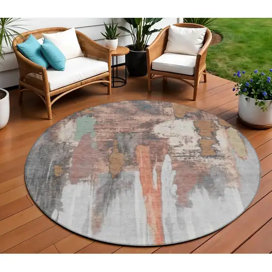 8' Terra Cotta And Charcoal Round Abstract Washable Indoor Outdoor Area Rug Photo 2