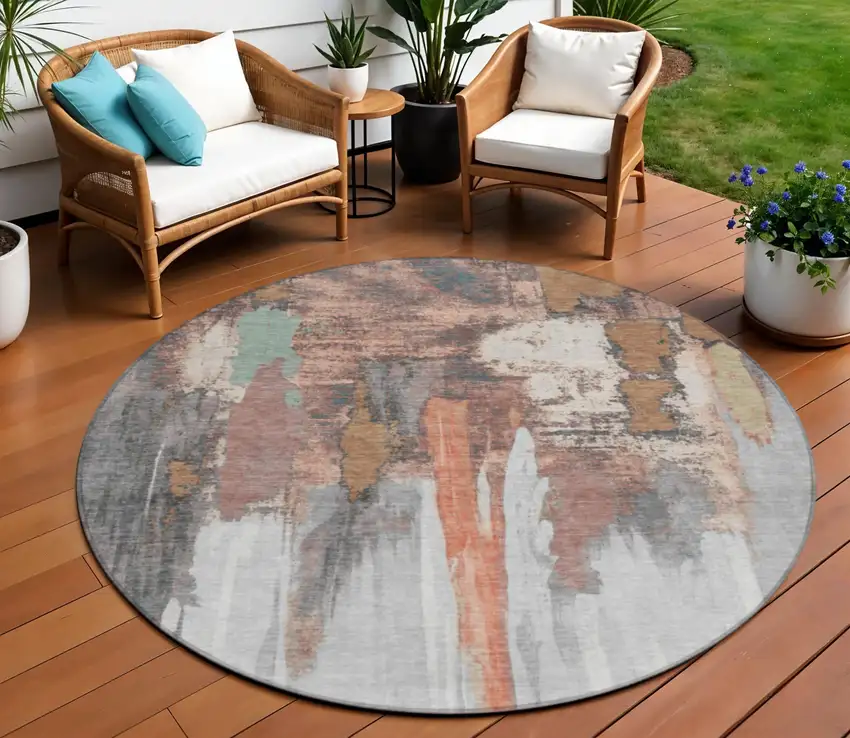 8' Terra Cotta And Charcoal Round Abstract Washable Indoor Outdoor Area Rug Photo 2