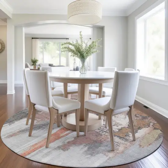 8' Terra Cotta And Charcoal Round Abstract Washable Indoor Outdoor Area Rug Photo 6