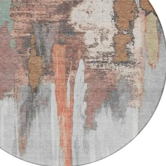 8' Terra Cotta And Charcoal Round Abstract Washable Indoor Outdoor Area Rug Photo 4