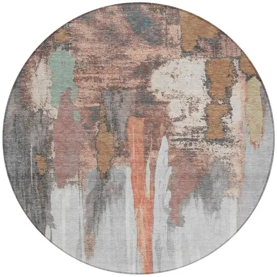 8' Terra Cotta And Charcoal Round Abstract Washable Indoor Outdoor Area Rug Photo 3