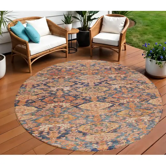 8' Terra Cotta And Charcoal Round Damask Washable Indoor Outdoor Area Rug Photo 1