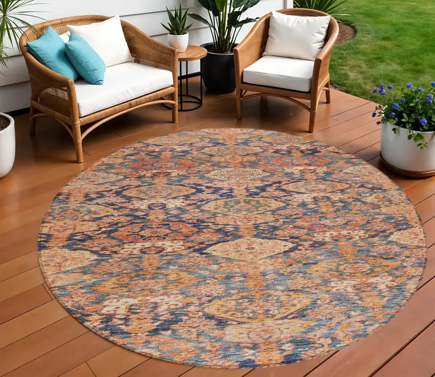 8' Terra Cotta And Charcoal Round Damask Washable Indoor Outdoor Area Rug Photo 1