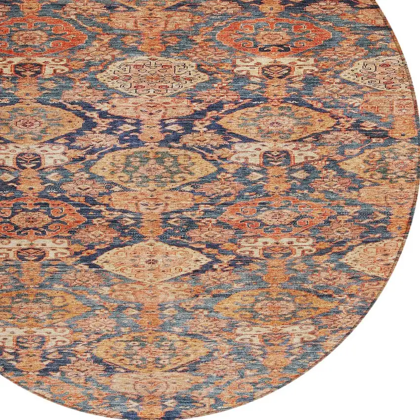 8' Terra Cotta And Charcoal Round Damask Washable Indoor Outdoor Area Rug Photo 5