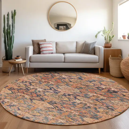 8' Terra Cotta And Charcoal Round Damask Washable Indoor Outdoor Area Rug Photo 8