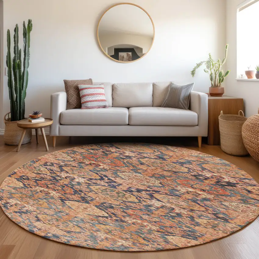 8' Terra Cotta And Charcoal Round Damask Washable Indoor Outdoor Area Rug Photo 8