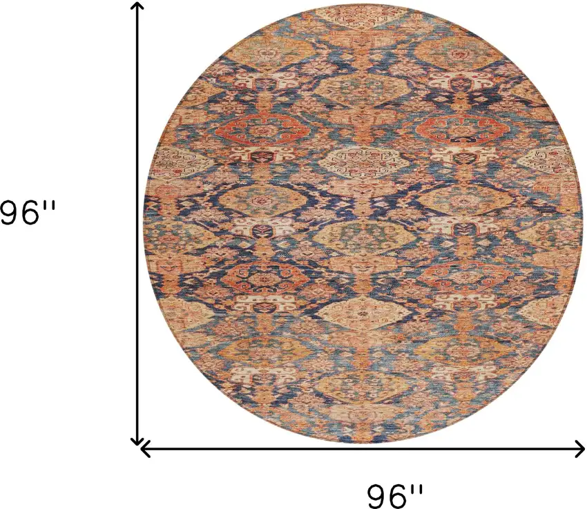 8' Terra Cotta And Charcoal Round Damask Washable Indoor Outdoor Area Rug Photo 9