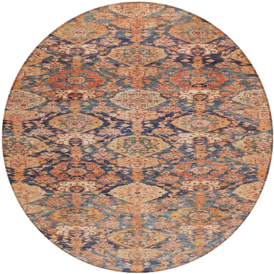 8' Terra Cotta And Charcoal Round Damask Washable Indoor Outdoor Area Rug Photo 2