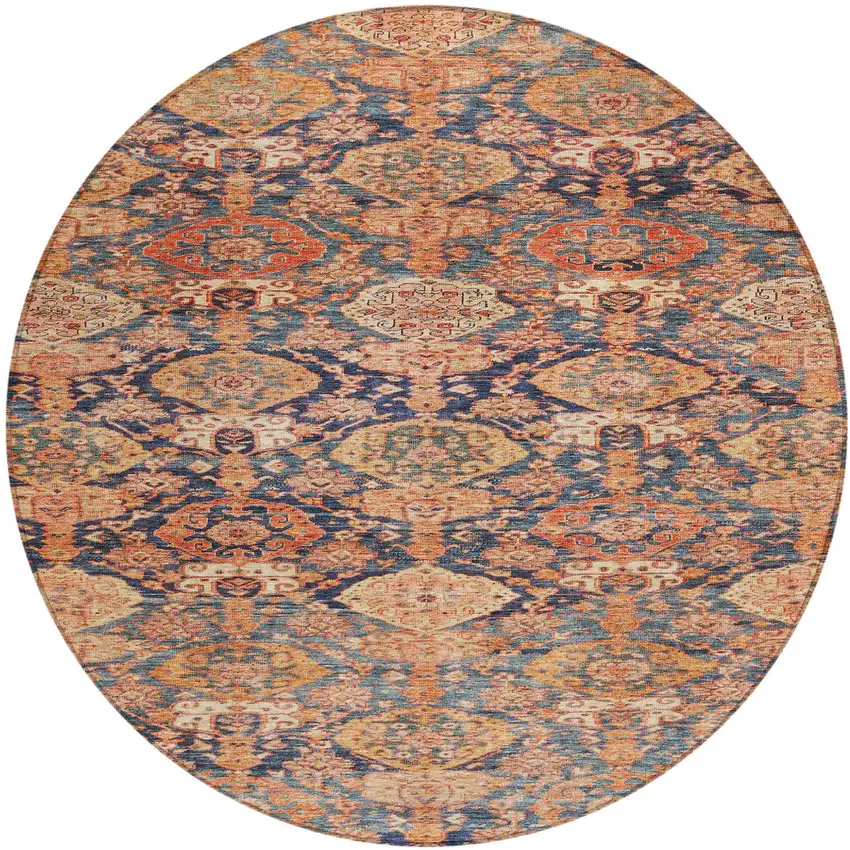 8' Terra Cotta And Charcoal Round Damask Washable Indoor Outdoor Area Rug Photo 2