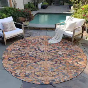 Photo of 8' Terra Cotta And Charcoal Round Damask Washable Indoor Outdoor Area Rug