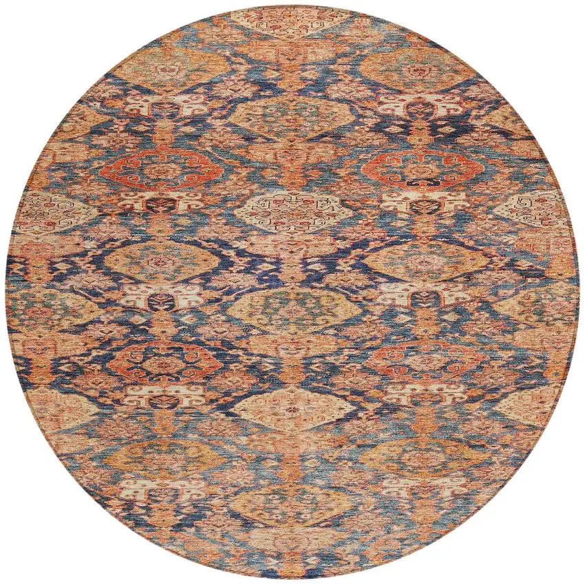 8' Terra Cotta And Charcoal Round Damask Washable Indoor Outdoor Area Rug Photo 6