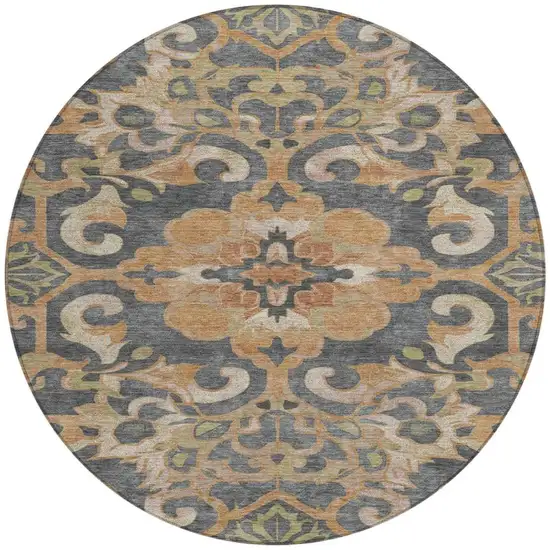 8' Terra Cotta And Charcoal Round Damask Washable Indoor Outdoor Area Rug Photo 3