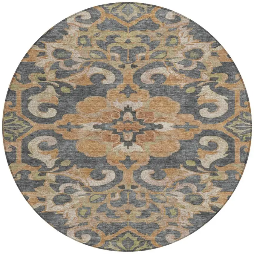 8' Terra Cotta And Charcoal Round Damask Washable Indoor Outdoor Area Rug Photo 3