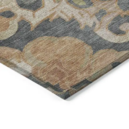 8' Terra Cotta And Charcoal Round Damask Washable Indoor Outdoor Area Rug Photo 7