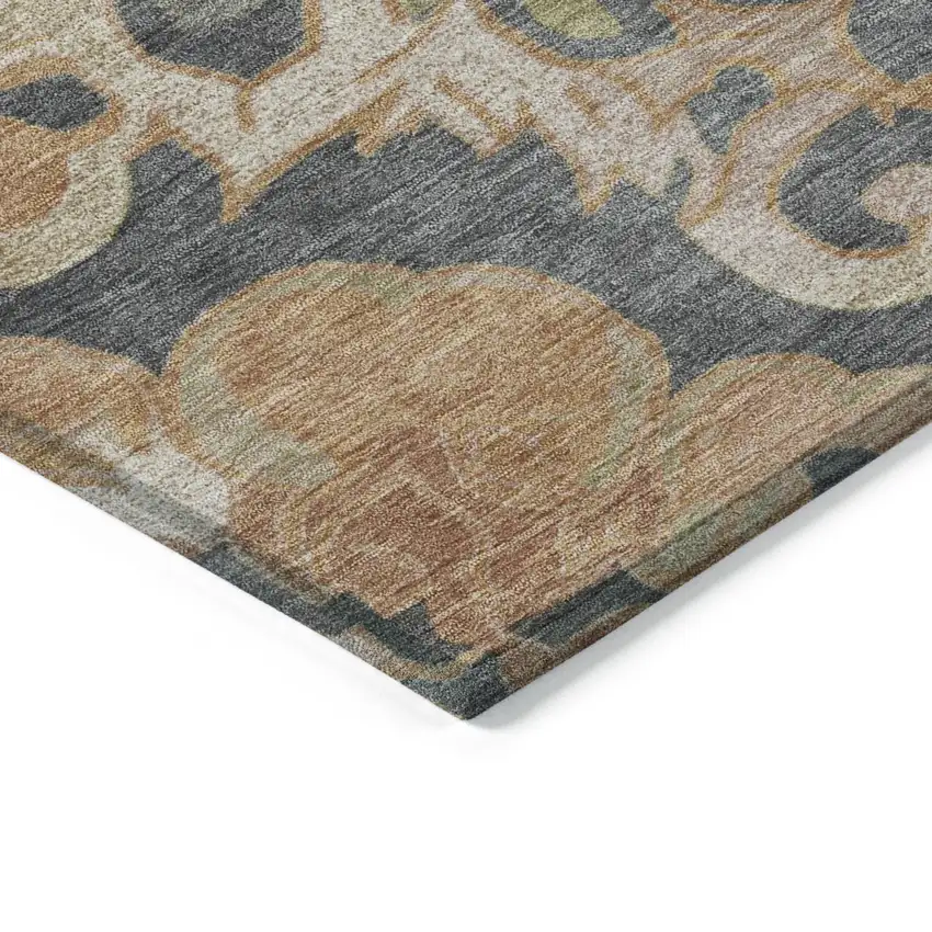 8' Terra Cotta And Charcoal Round Damask Washable Indoor Outdoor Area Rug Photo 7