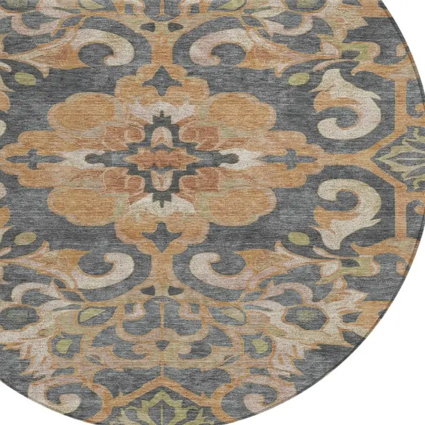 8' Terra Cotta And Charcoal Round Damask Washable Indoor Outdoor Area Rug Photo 8