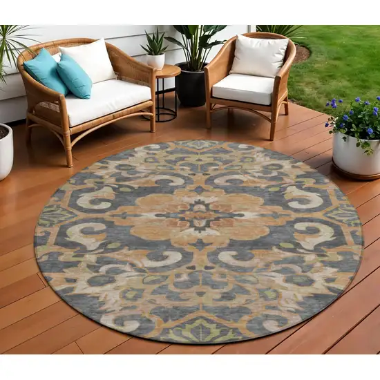 8' Terra Cotta And Charcoal Round Damask Washable Indoor Outdoor Area Rug Photo 2
