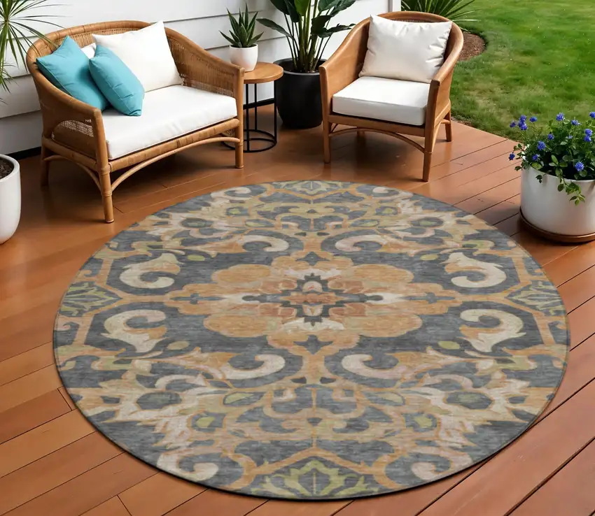 8' Terra Cotta And Charcoal Round Damask Washable Indoor Outdoor Area Rug Photo 2