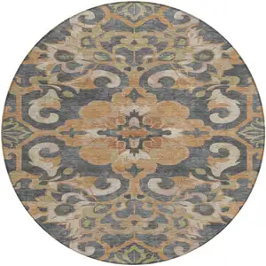 Photo of 8' Terra Cotta And Charcoal Round Damask Washable Indoor Outdoor Area Rug