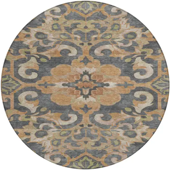 8' Terra Cotta And Charcoal Round Damask Washable Indoor Outdoor Area Rug Photo 1