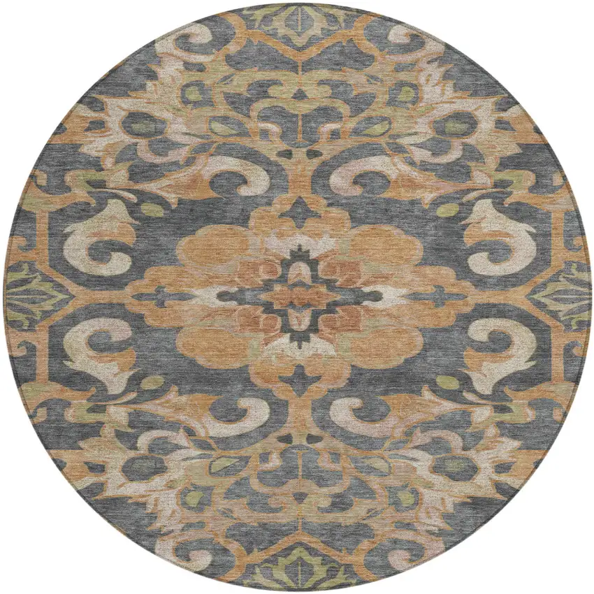 8' Terra Cotta And Charcoal Round Damask Washable Indoor Outdoor Area Rug Photo 1