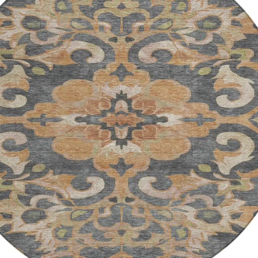 8' Terra Cotta And Charcoal Round Damask Washable Indoor Outdoor Area Rug Photo 4